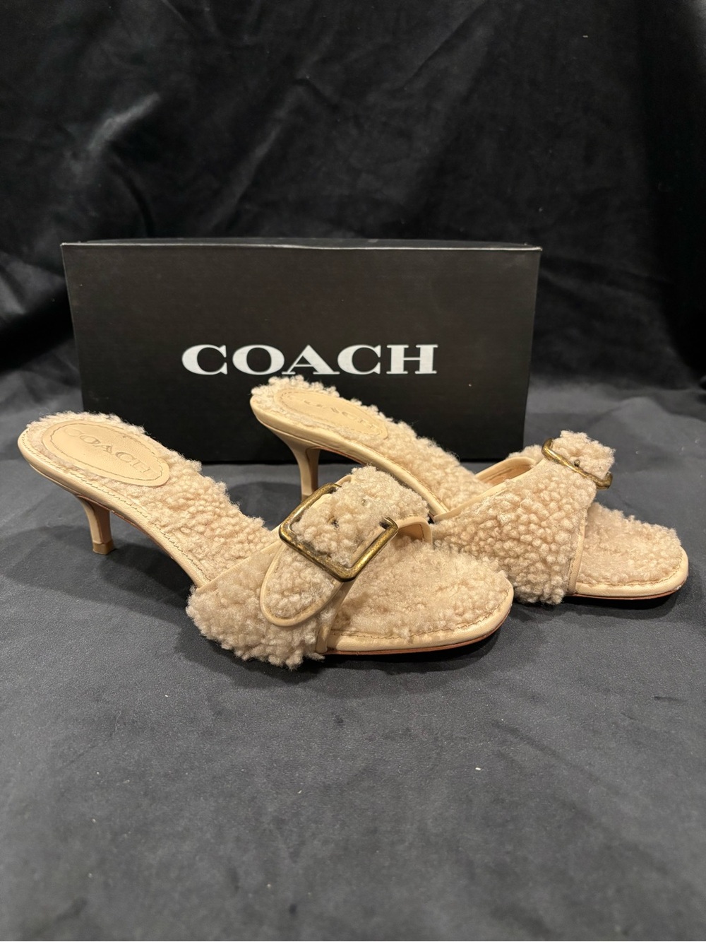 Coach Beige Shearling Buckle Mule Heels